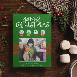 Grüne Weihnachtsschnee Globes Feiertage Fotokarte Feiertagskarte
