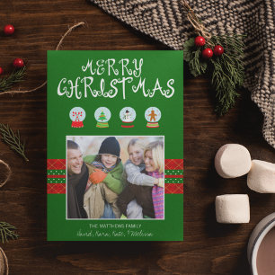 Grüne Weihnachtsschnee Globes Feiertage Fotokarte Feiertagskarte