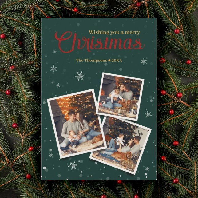Grüne Weihnachtsschneeflocken FotoCollage Feiertagskarte (Von Creator hochgeladen)