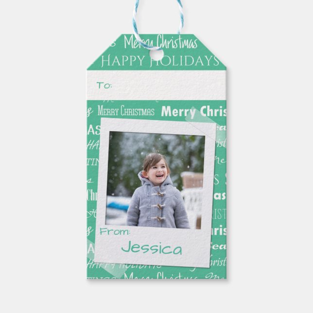 Grüne Weihnachtstypografie Foto Moderner Urlaub Geschenkanhänger (Vorderseite)