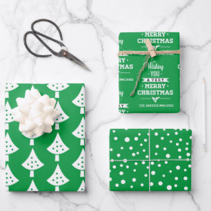 Grüne weiße Bäume Schneeflocken und Wünsche Weihna Geschenkpapier Set