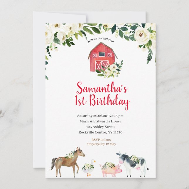 Grüne Weiße Blumenfarm 1. Geburtstag Einladung (Vorderseite)