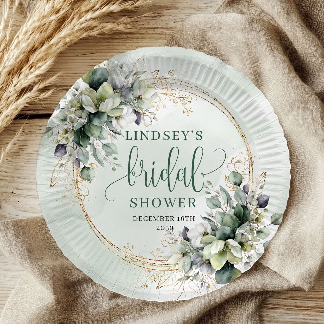 Grüne weiße botanische Brautparty-Papierteller Pappteller (Green White Botanical Bridal Shower Paper Plates)