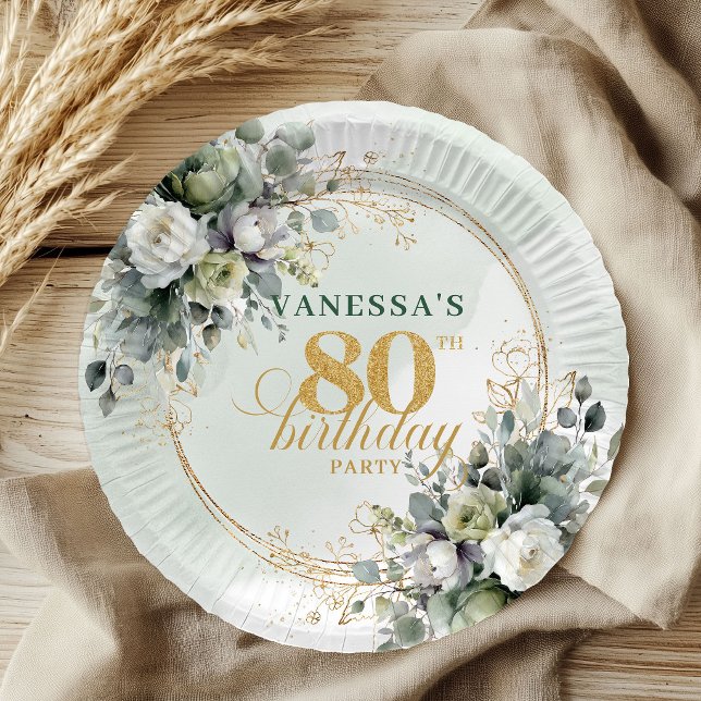 Grüne weiße botanische Teller zum 80. Geburtstag (Green White Botanical 80th Birthday Party Plates)