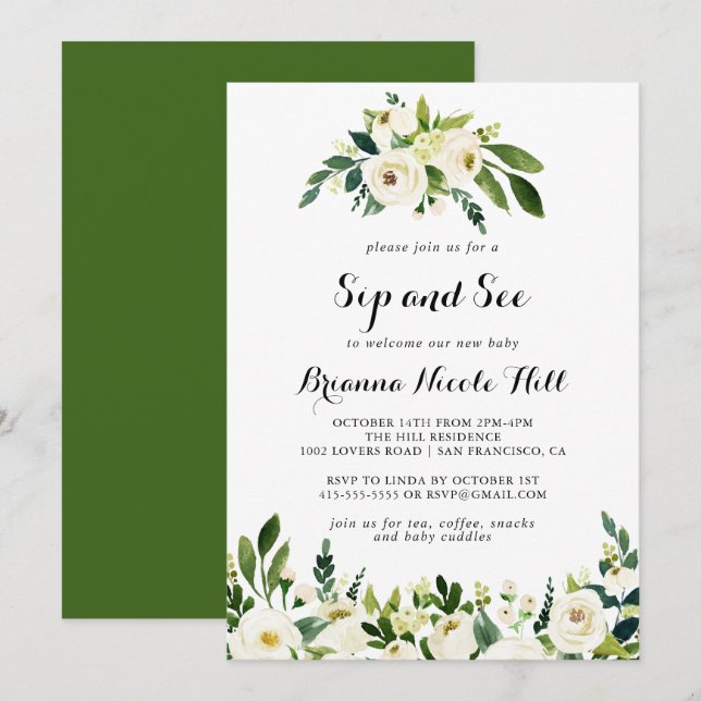 Grüne Weiße Herbstflora Sip and See Einladung (Vorne/Hinten)
