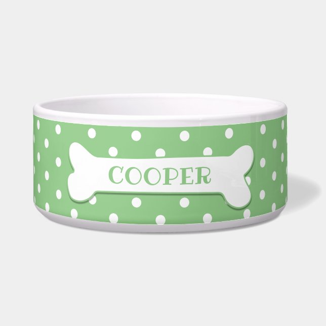 Grüne weiße Polka Dog Knochen Tiere Name Hund Napf (Vorderseite)