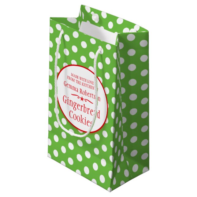 Grüne weiße Polka-Dot-Cookie-Swap-Geschenkbeutel Kleine Geschenktüte (Vorderseite Schrägansicht)
