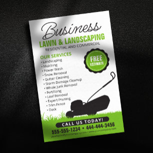 Grüne, weiße Rasenmäher mit Landschaftsschutz Flyer