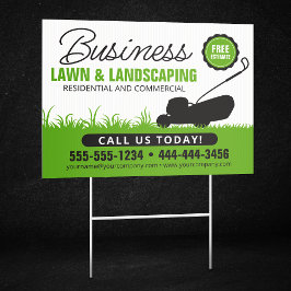 Grüne, weiße Rasenmäher mit Landschaftsschutz Gartenschild