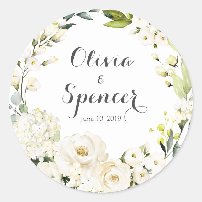 Grüne weiße Rosen Blumenkleber Runder Aufkleber (Vorderseite)