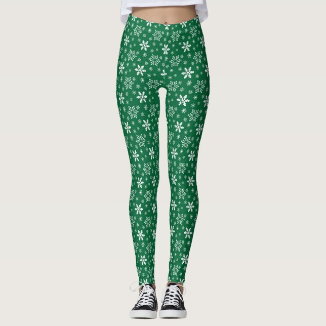 Grüne weiße Schneeflocken Weihnachten Leggings (Vorderseite)