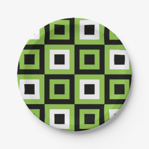 Grüne Weiße Schwarze Quadrate Geometrische Party Pappteller
