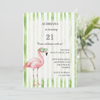 Grüne weiße Streifen Pink Flamingo Geburtstag Einladung