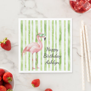 Grüne weiße Streifen Pink Flamingo Geburtstag Serviette