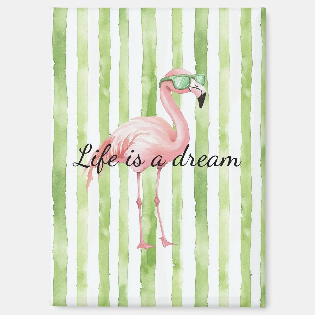 Grüne weiße Streifen rosa Flamingo Magnet (Vorderseite)