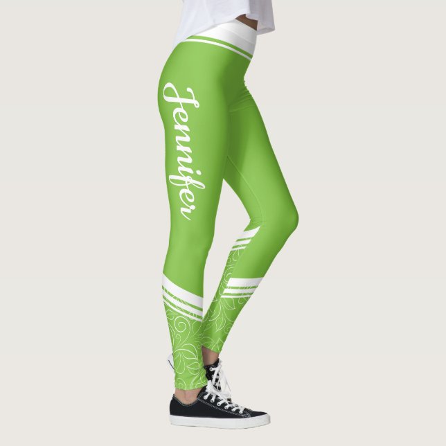 Grüne, weiße Streifen und Name modern mädchenhaft Leggings (Rechts)
