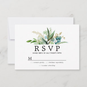 Grüne weiße und goldene Botanische Hochzeit RSVP Karte