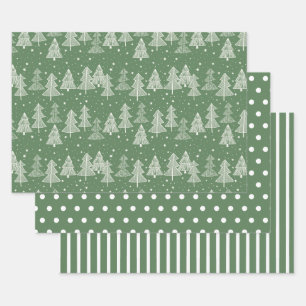 Grüne weiße Weihnachtsbäume Polka Dots Stripe Geschenkpapier Set