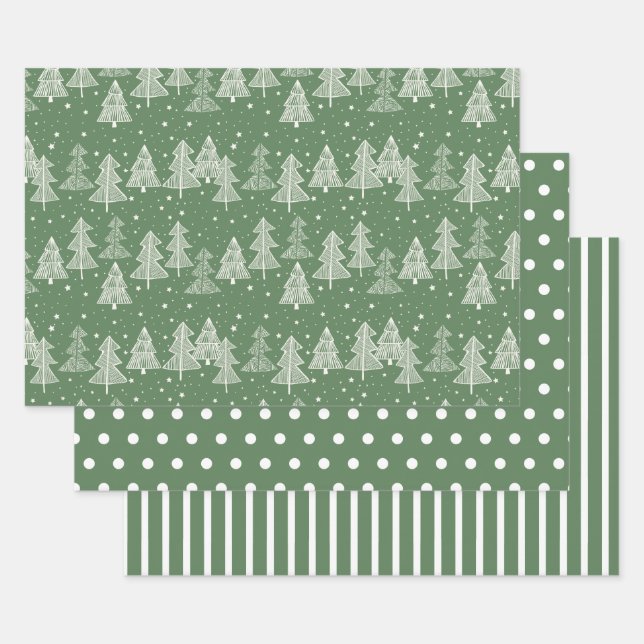 Grüne weiße Weihnachtsbäume Polka Dots Stripe Geschenkpapier Set (Set)