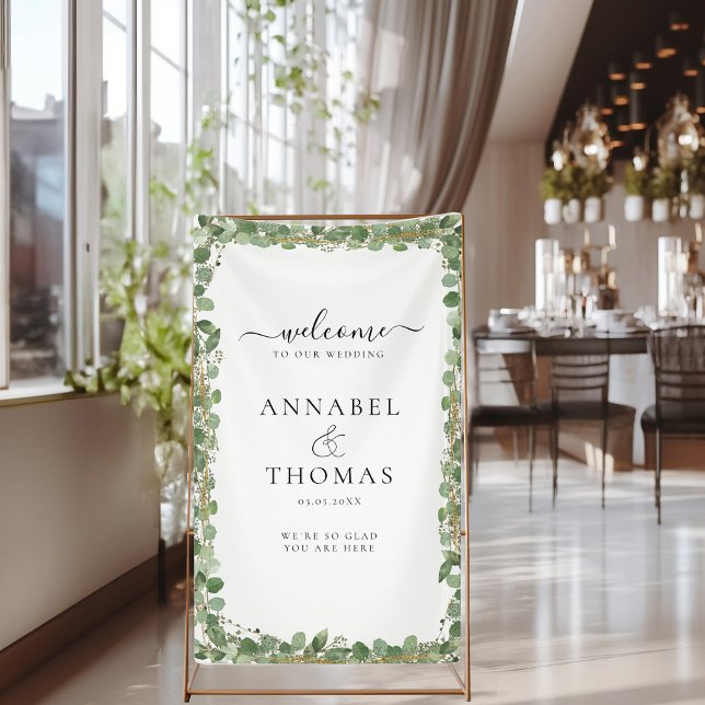 Grüne "Welcome" Hochzeit Banner (Greenery "Welcome" White, Wedding Banner with your Name and Date. )