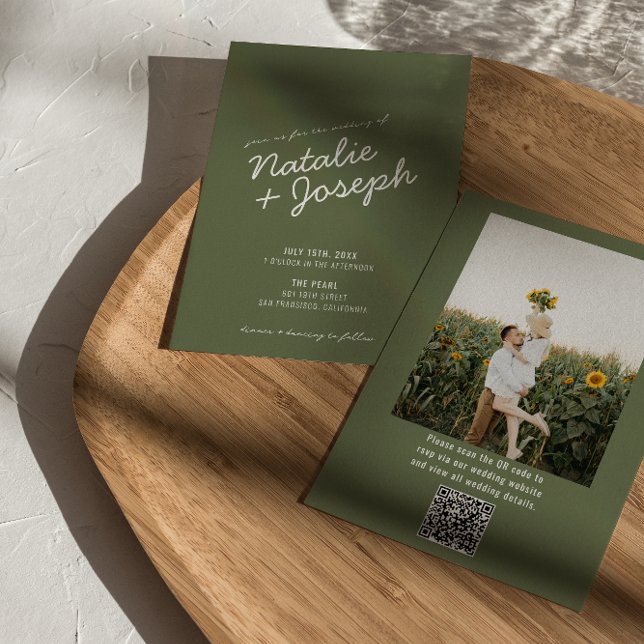 Grüne whimsical Sommer Foto QR Code Hochzeit Einladung (Von Creator hochgeladen)