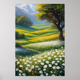 Grüne Wiesen und Weiße Blume Poster