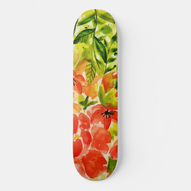 Grüne Wild blühende Korallen Blume Wasserfarbe Skateboard (Vorderseite)