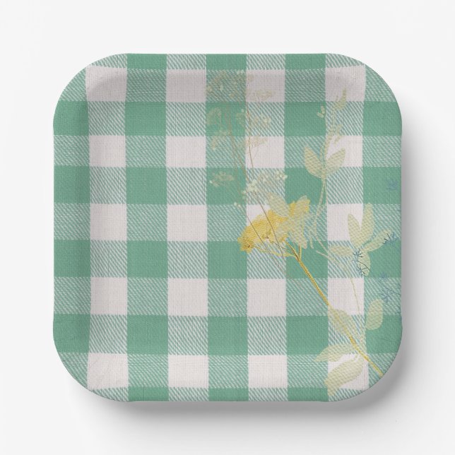Grüne Wildblume Gingham Kariert Bauernhof Pappteller (Vorderseite)