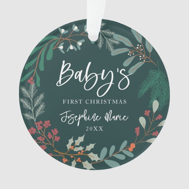 Grüne Winter Botanical Baby's First Christmas Ornament (Vorderseite)