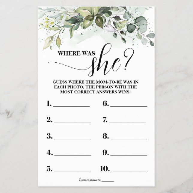 Grüne Wo war die Mama, Baby Shower Game Card zu we Flyer (Vorne)