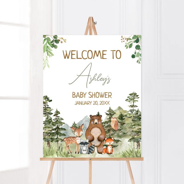 Grüne Woodland Animals Kinderdusche Willkommen Poster (Greenery Forest Animals Baby Shower Welcome Sign)