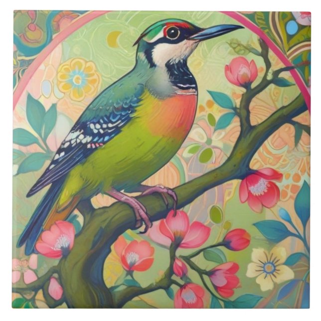 Grüne Woodpecker Bird Orientalisch Rosa Blüte Fliese (Vorderseite)