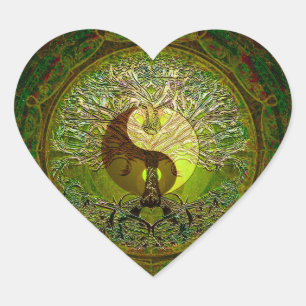Grüne Yin Yang Mandala mit Baum des Lebens Herz-Aufkleber