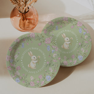 Grüne zarte Vintage-Blumen-Hasen-Baby-Party Pappteller