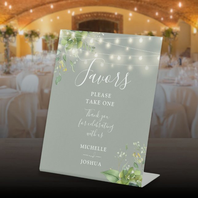 Grüne Zeichenfolgen Grüne Botanische Seiten Grüne  Sockelschild (String Lights Greenery Botanical Sage Green Favors Pedestal Sign)