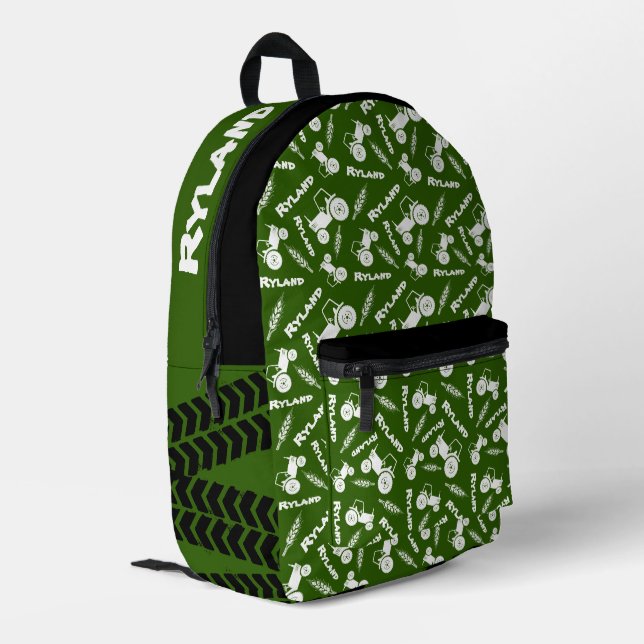 Grüne Zugmaschine und Weizengrafik personalisiert Bedruckter Rucksack (Rückseitige Ecke links)
