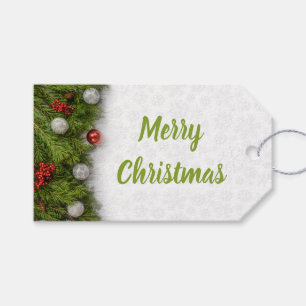 Grüne Zweige mit Ornamenten Weihnachten Geschenkanhänger