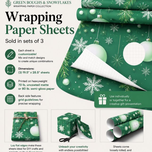 Grüne Zweige und Schneeflocken Geschenkpapier Set (Von Creator hochgeladen)