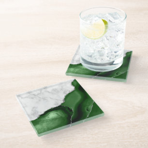Grüner Achat Silber Glitter Weiß Faux Marmor Glasuntersetzer