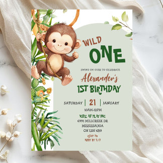 Grüner Affe Wild One Safari Erster Geburtstag Einladung