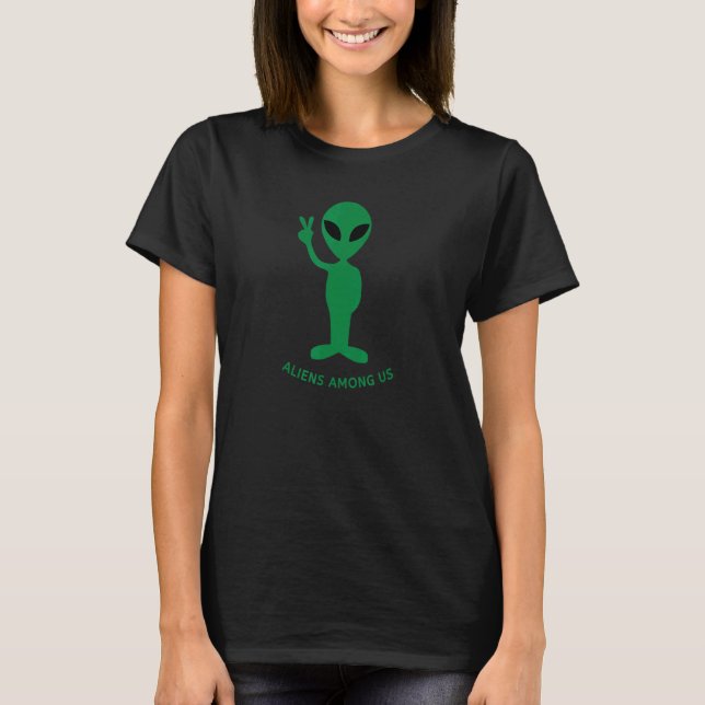 Grüner Alien & Friedenshand V-Zeichen Sci-Fi-Fan A T-Shirt (Vorderseite)