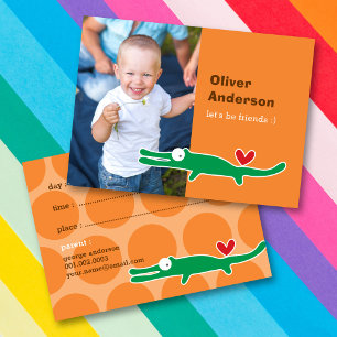 Grüner Alligator Orange Punkte Foto Kinder Spielte Telefonnummerkarte