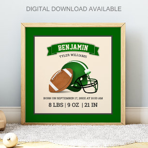 Grüner American-Football-Helm Baby-Geburtsstatisti Poster
