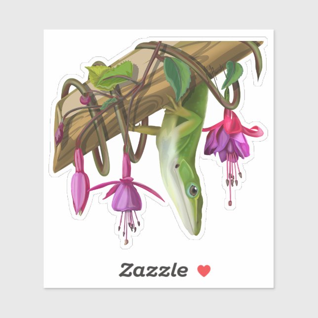Grüner Anolis mit Fuchsien  Aufkleber (Blatt)