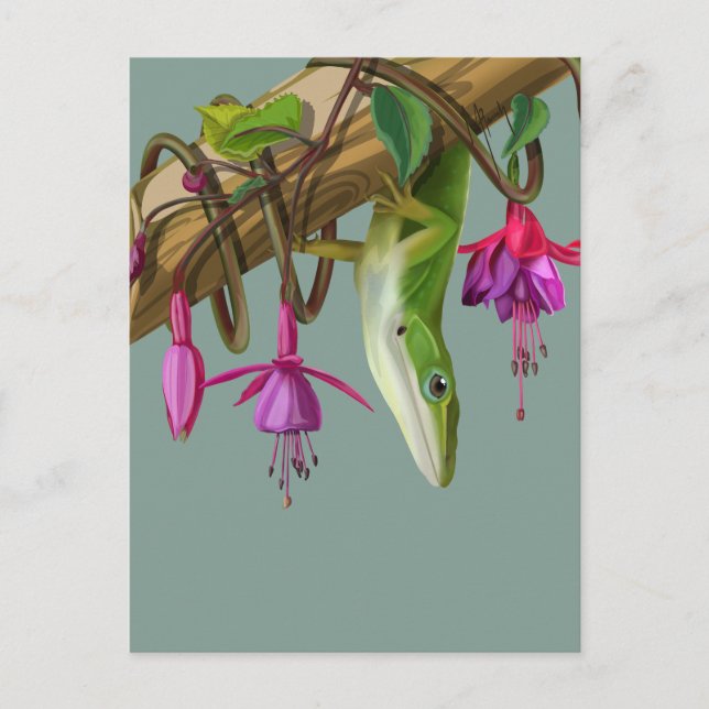 Grüner Anolis mit Fuchsien  Postkarte (Vorderseite)