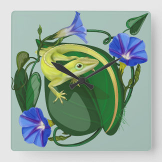Grüner Anolis mit Prunkwinde Quadratische Wanduhr