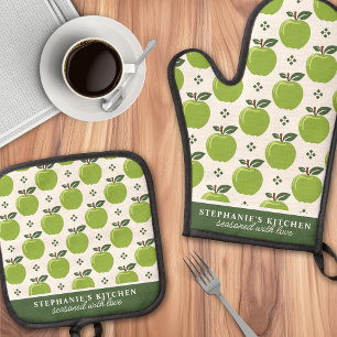 Grüner Apfelmuster personalisierter Name Ofenhandschuh & Topflappen-Set