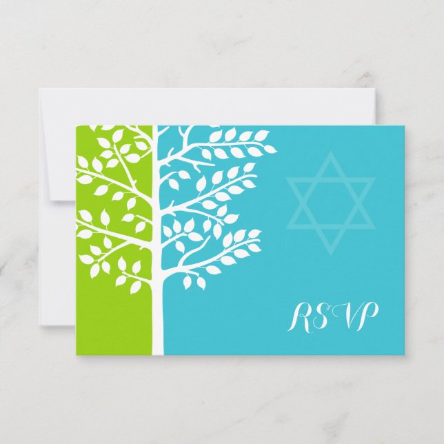 Grüner Aquamariner Blauer Baum Bat Mitzvah UAWG RSVP Karte (Vorderseite)
