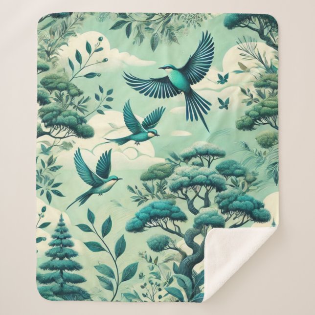 Grüner Aquamariner Wald und Vogelmuster Sherpadecke (Vorderseite)