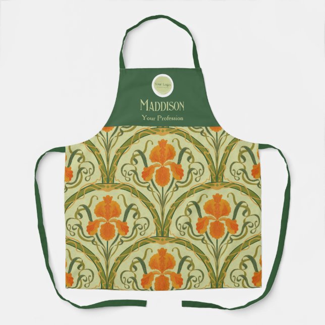 Grüner Art Nouveau Blumen-Arbeitskittel Schürze (Vorderseite)